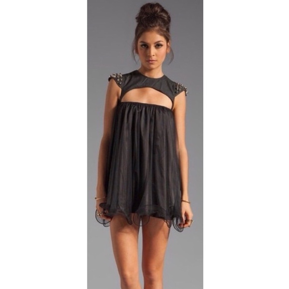 UNIF Dresses & Skirts - UNIF Omen Black Babydoll Spiked Cutout Mini Dress